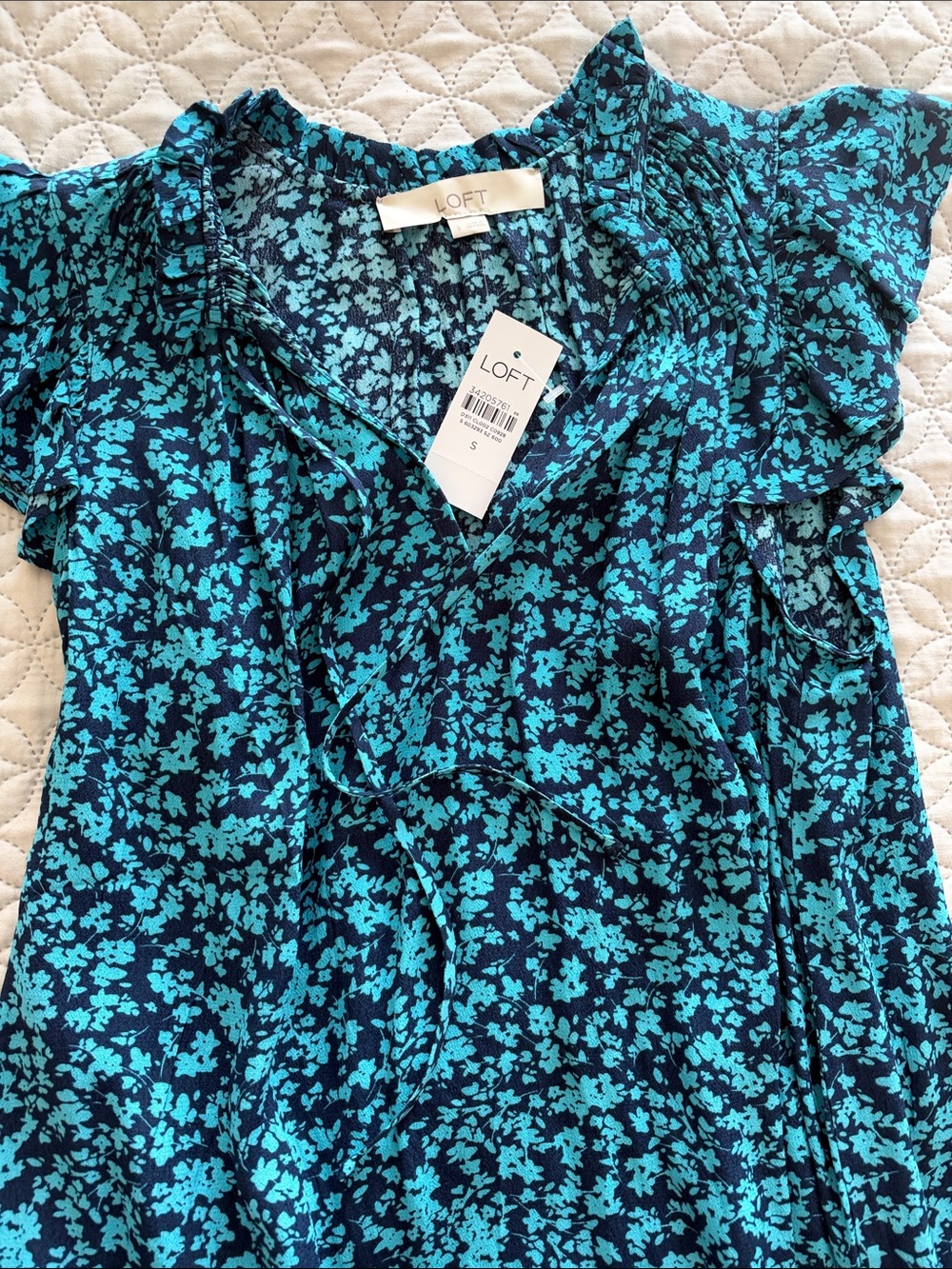 LOFT Teal and Navy Floral Ruffle Wrap Blouse